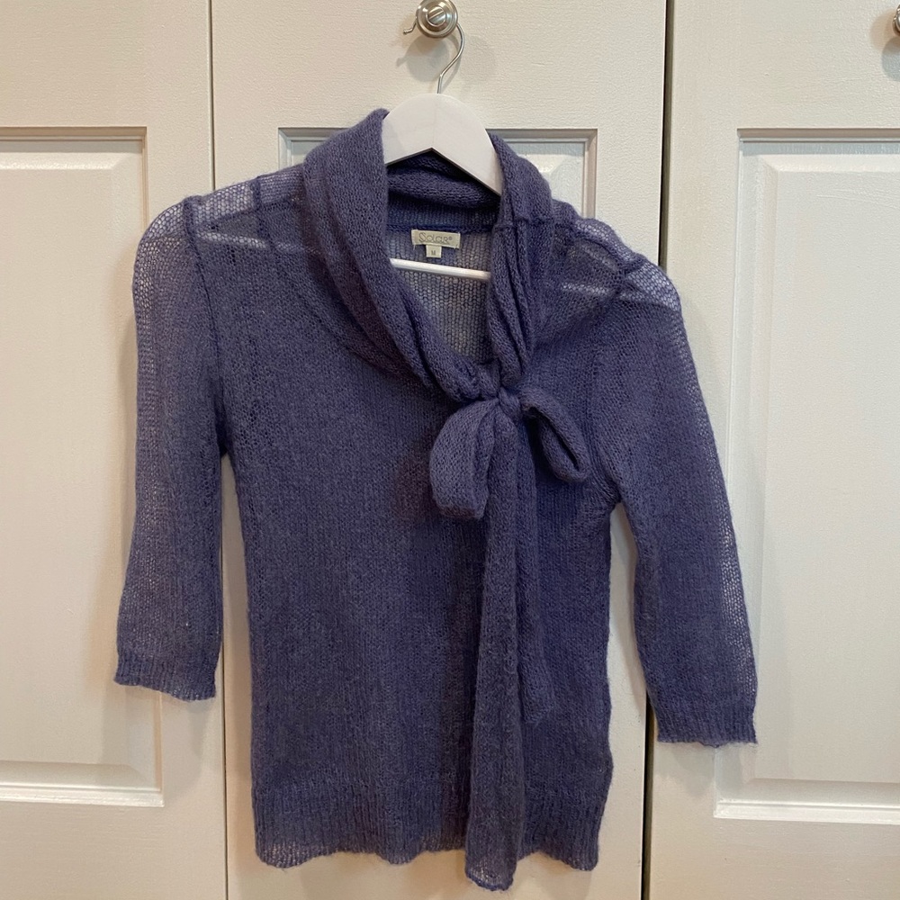 SOLAR | Sheer Cowl 3/4 Sleeve Sweater, Wool, Navy Purple, size XS